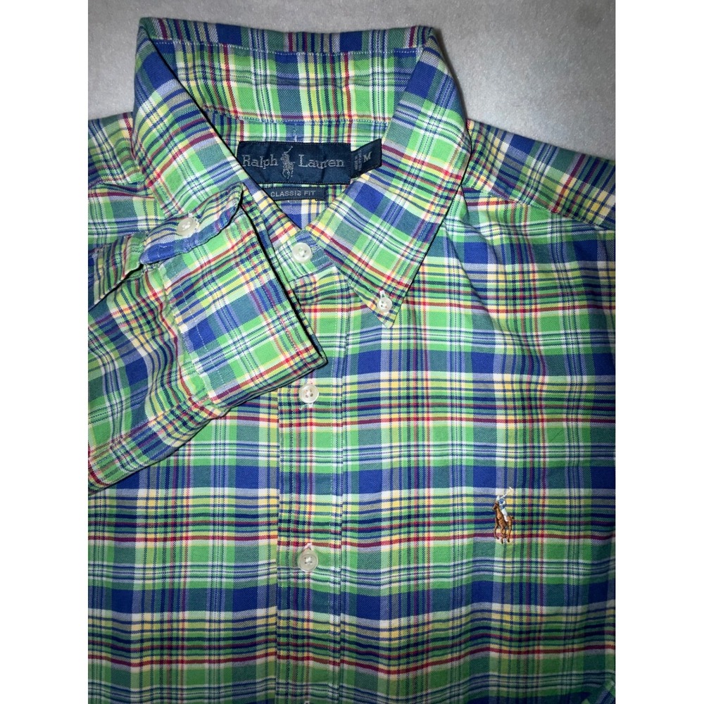 Ralph Lauren Button Down Shirt Mens Medium Green Plaid Flesh Logo Classic Fit